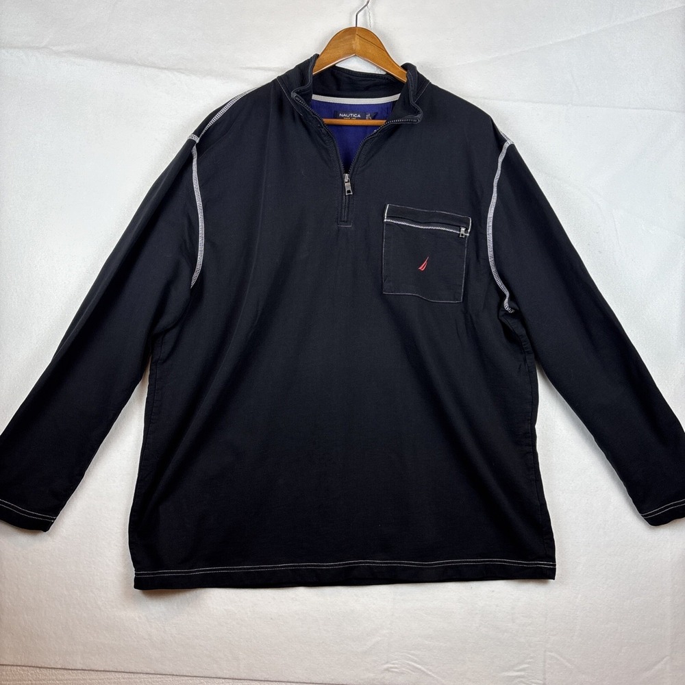 Nautica Mens Black Quarter Zip Pullover Sweatshirt XXL Cotton Pocket Logo